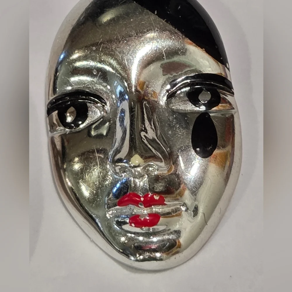 80s Vintage Pair Of Acrylic Plastic Silver Painted Harlequin Mask Brooches